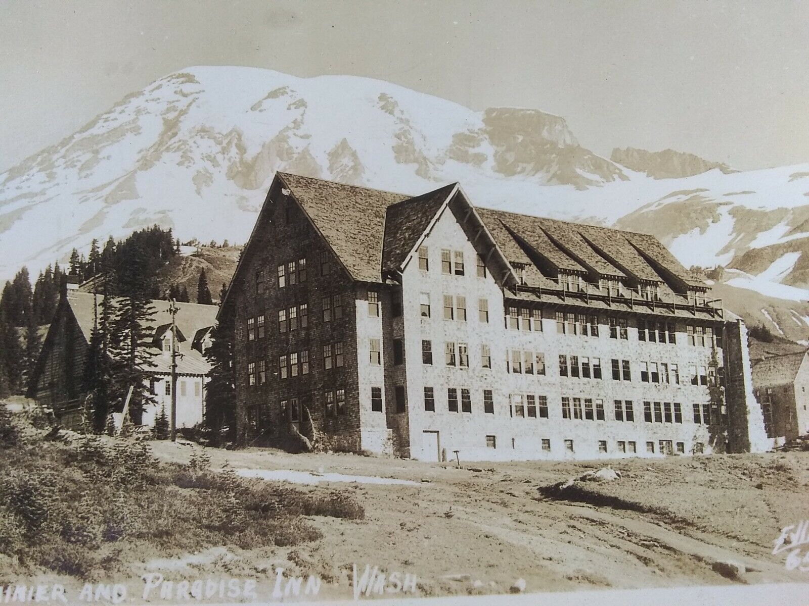 Vintage Postcard. Mount Rainier and Paradise Inn, Washington RPPC