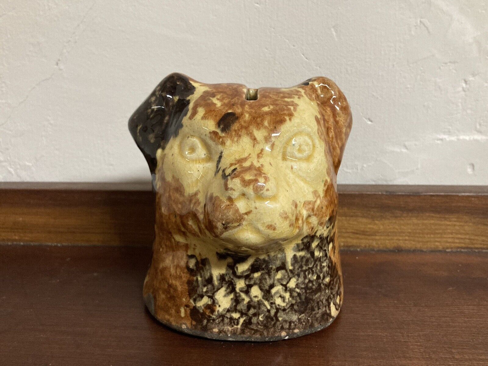 Antique Roseville Dog Head Art Pottery Ceramic Still Coin Bank Mottled Sponge