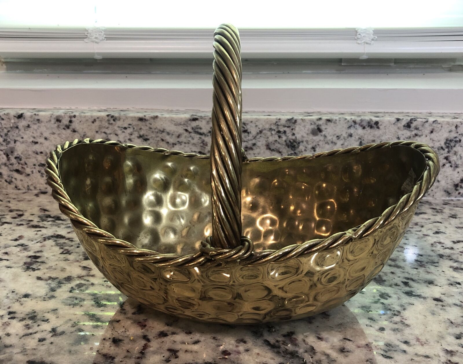 Large Brass Fruit Vegetable Basket bowl Dimples vintage hammered handle