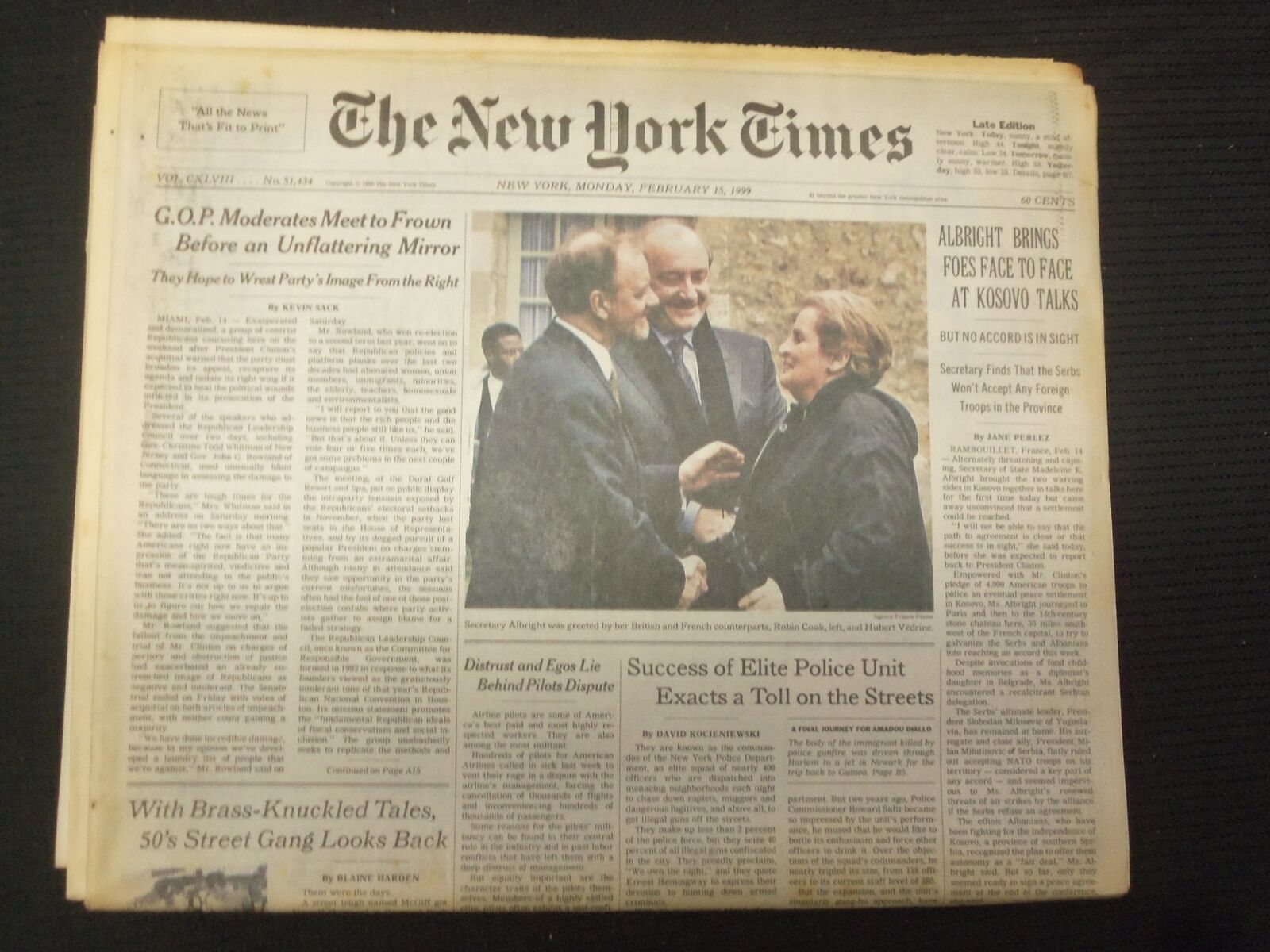 1999 FEB 15 NEW YORK TIMES NEWSPAPER - ALBRIGHT FACE TO FACE AT KOSOVO - NP 6980