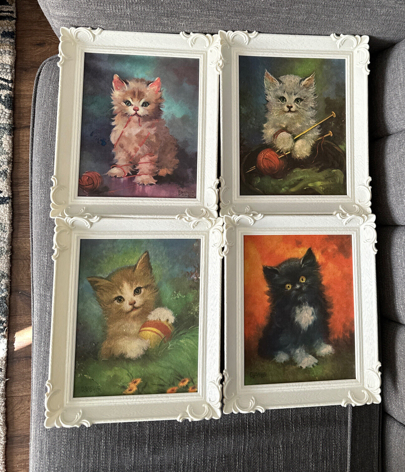 Vtg Framed Florence Kroger Kitten Kitty Cat Prints Signed 8 X 10 Prints Set Of 4