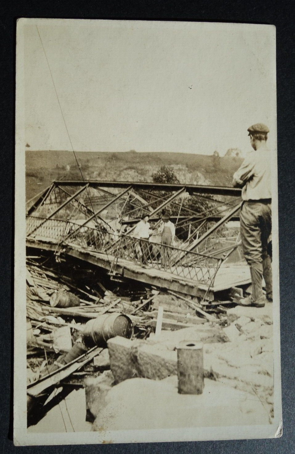 washed out bridge and debris, flood disaster real photo postcard unknown loc
