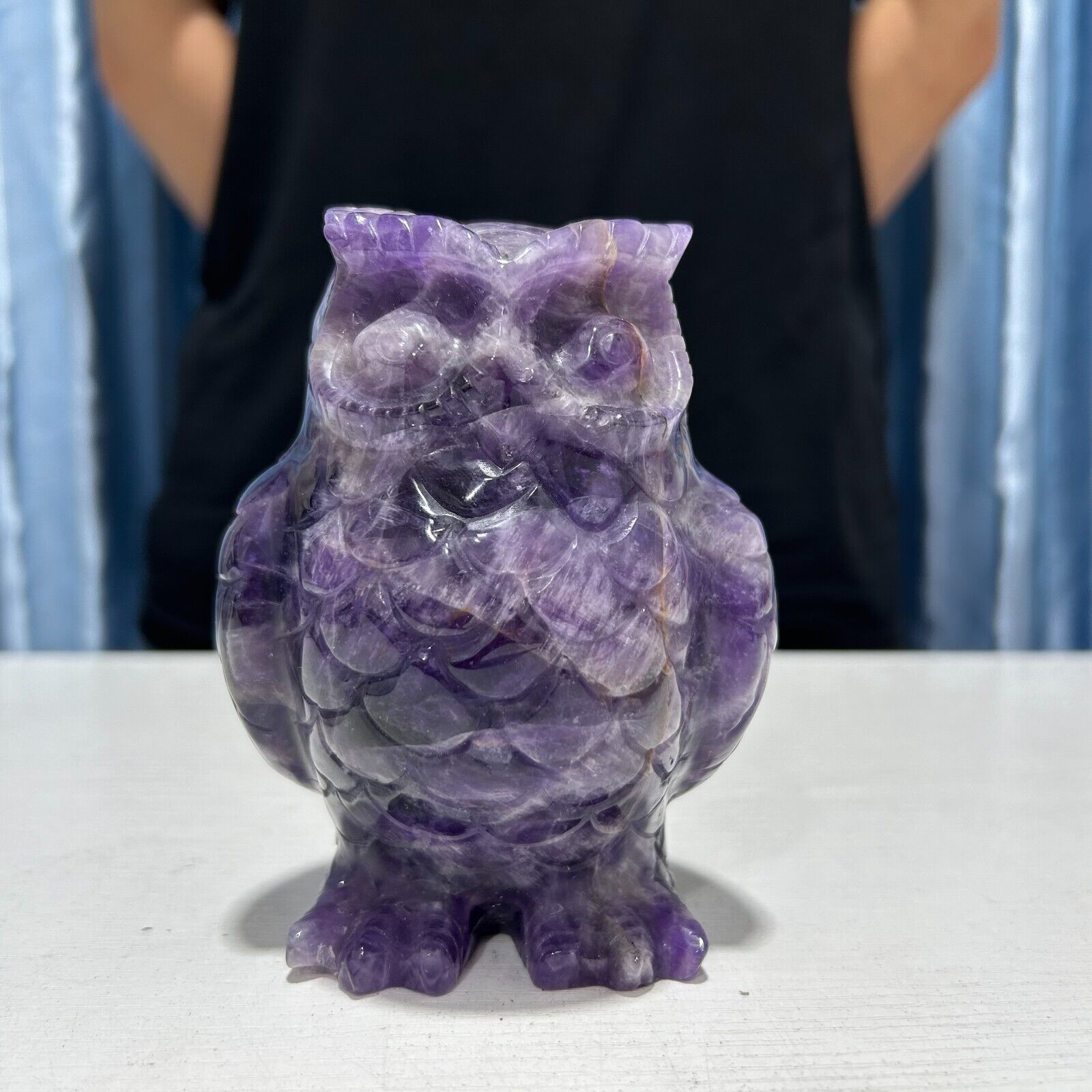 2.5LB 4.6''Natural Dream Amethyst Owl Statue Crystal Quartz Carving Healing