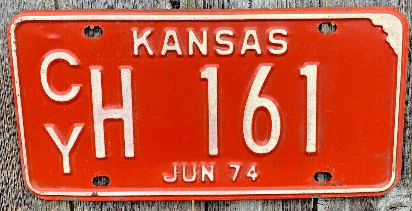 1974 KANSAS LICENSE PLATE #CYH161, BRIGHT RED AND WHITE