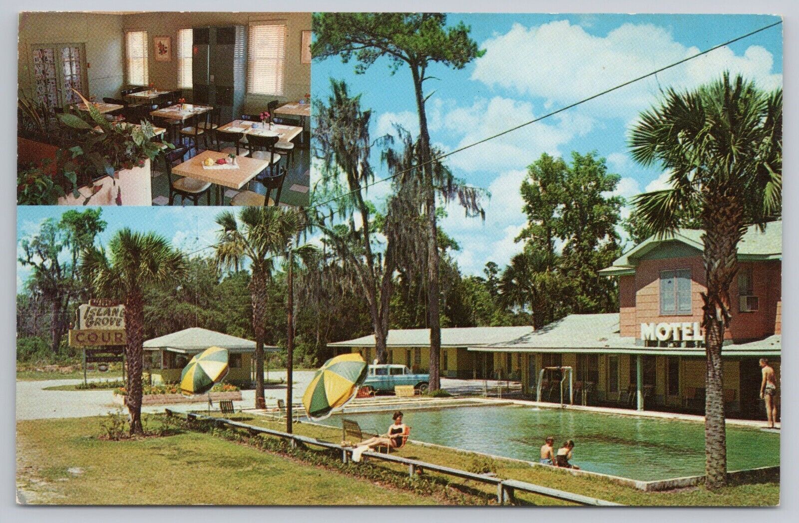 2 View Island Grove Motel & Restaurant Waverly GA UNP Pool Old Car