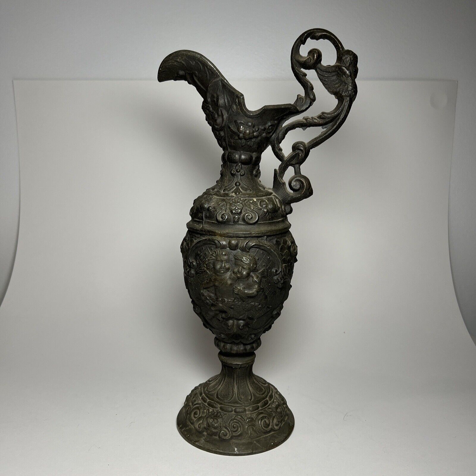 Antique Romantic Cherub Cupid Cast Metal Spelter Garden Decor Urn Candlehold 12”