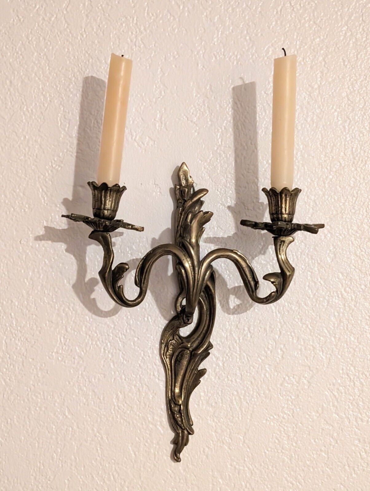 Vintage Pair Wall Candle Sconces Louis XV Style Acanthus Leaf 2 Arm Rococo