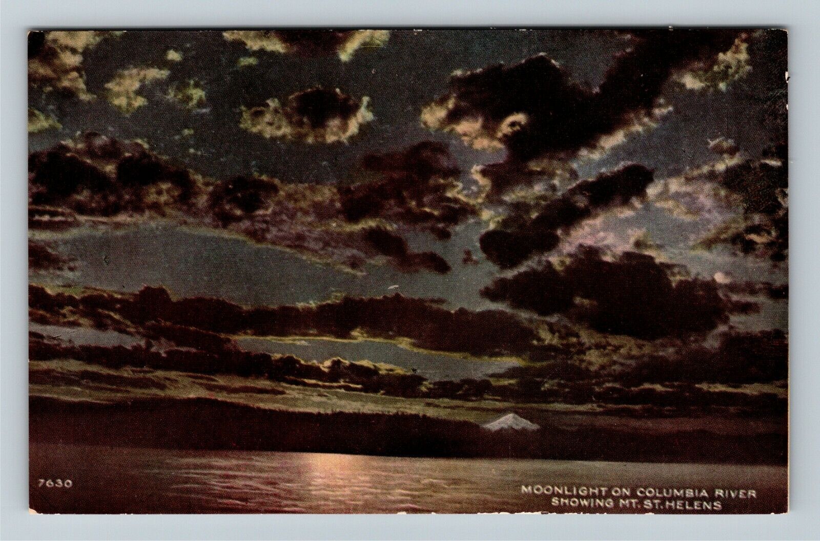 Columbia River, WA-Washington, Moonlight, Mt. St. Helens, Vintage Postcard