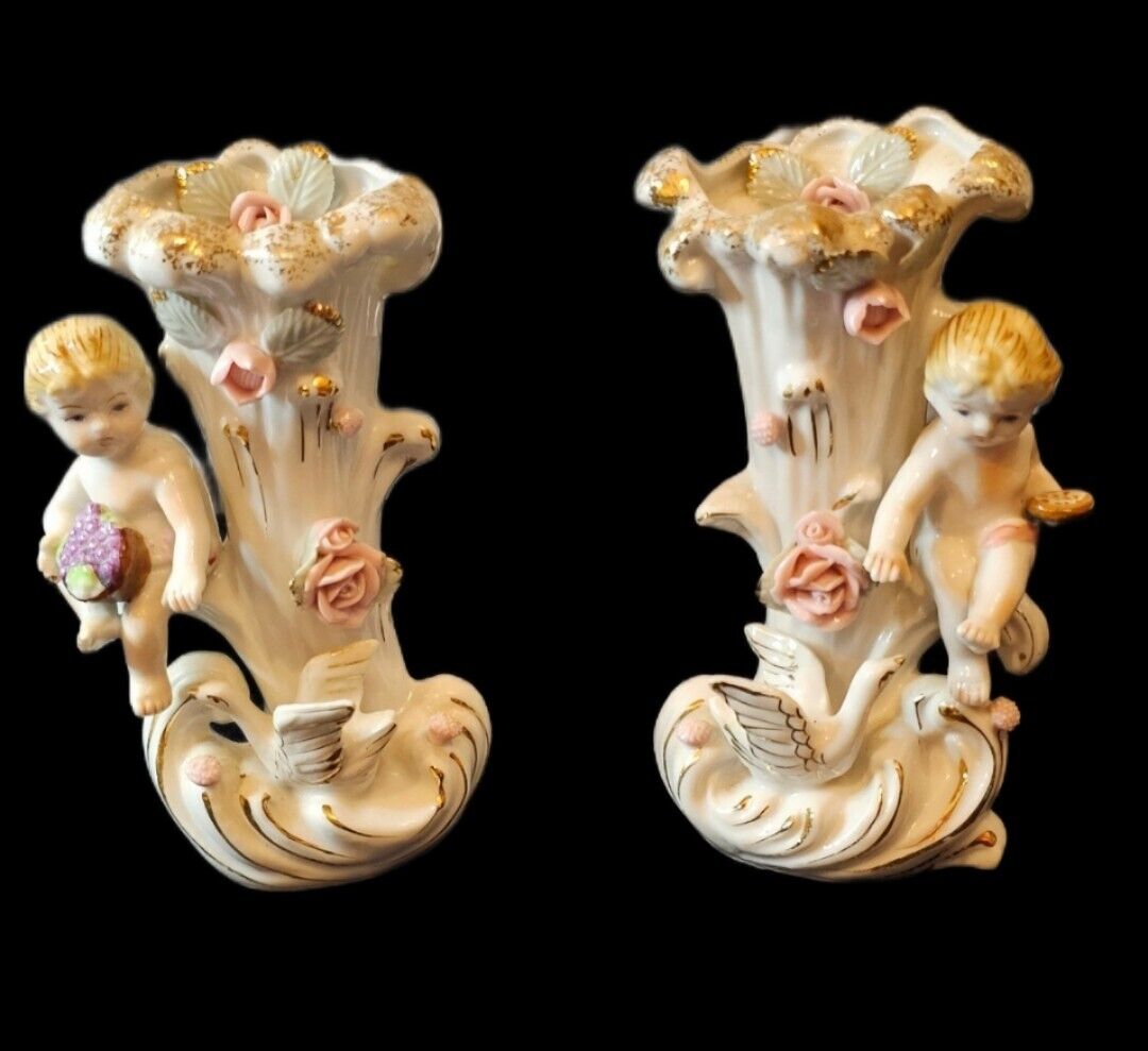 Antique Camille Naudot French Porcelain Bud Vases with Cherub Pair Vintage