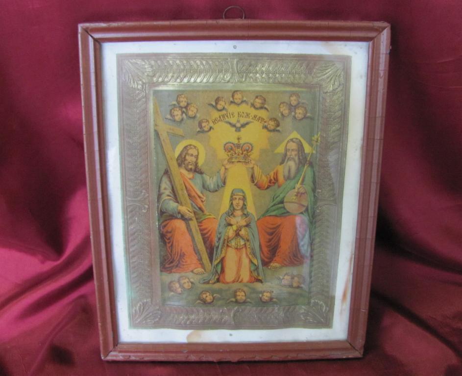 19C ANTIQUE IMPERIAL RUSSIA FRAMED CHRISTIAN ICON LITHOGRAPHY OF VIRGIN MARY