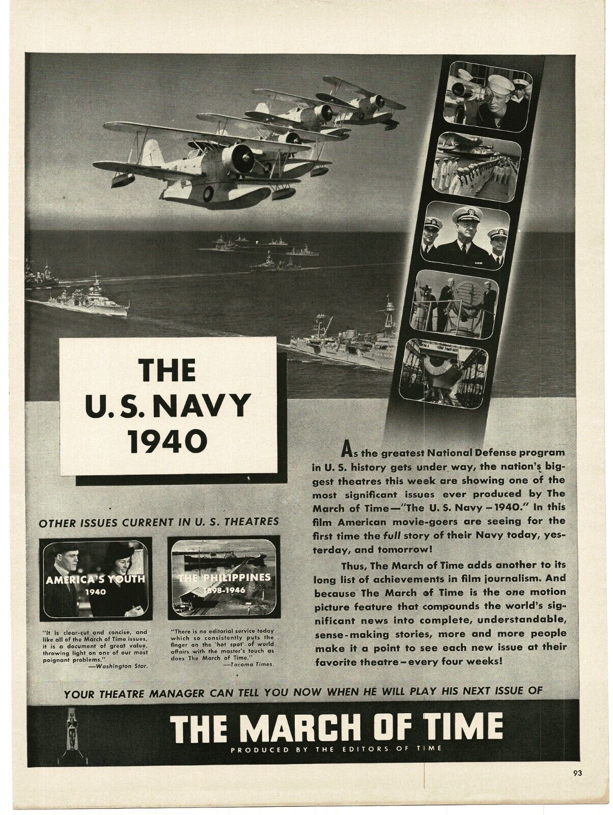 1940 March Of Time newsreel filmstrip US Navy Battleships Seaplanes Vintage Ad