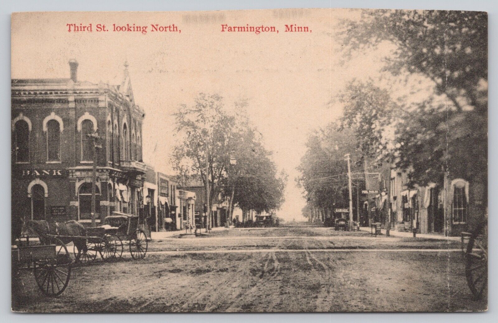 Postcard Farmington MN Third St Showing Garage Pool Parlor Bank and Carriages