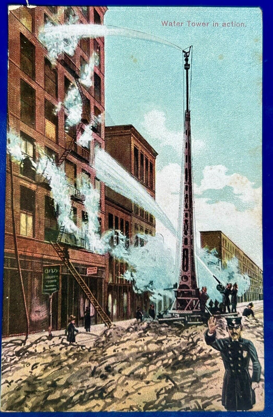 1908 What Tower In Action. New York Vintage Postcard Great Condition. Firemen