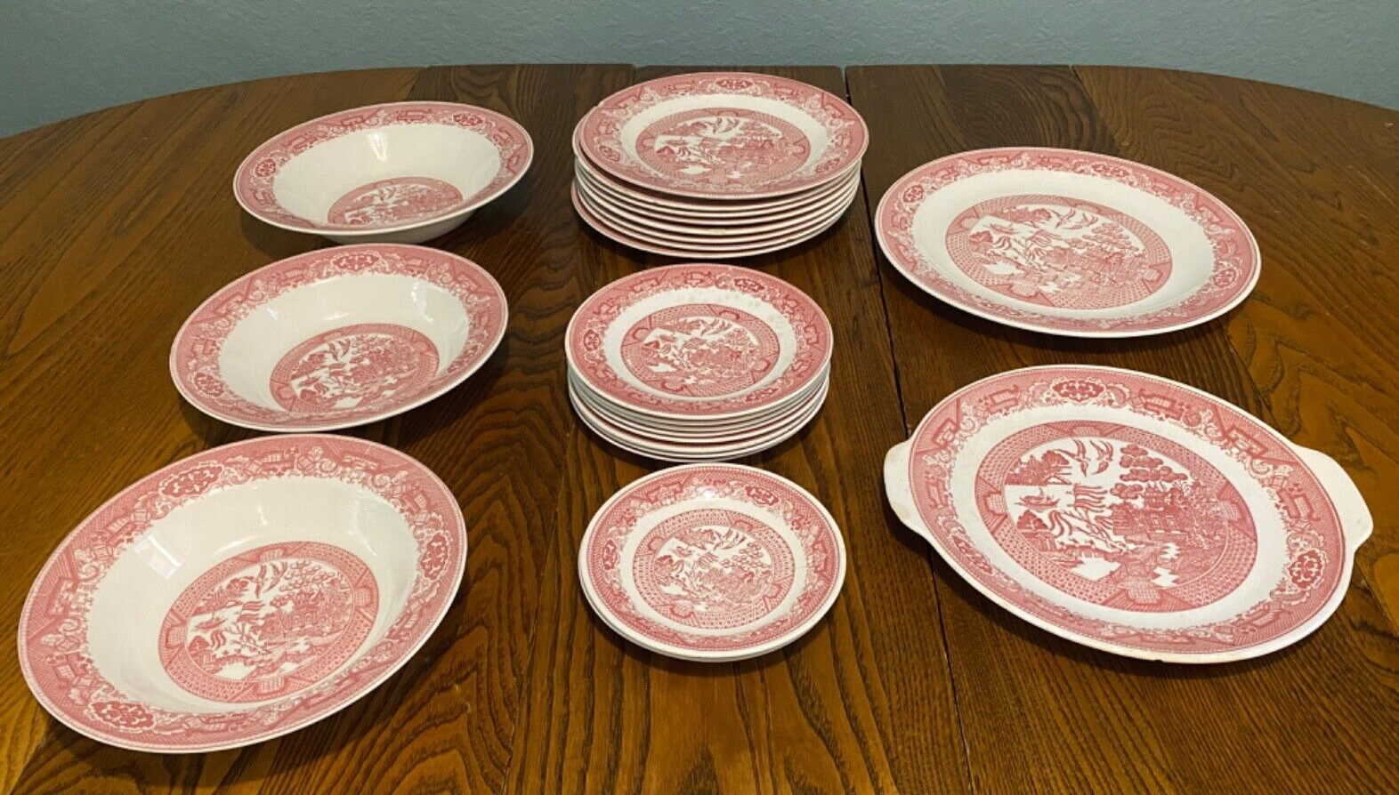 Willow Ware Royal China | Red Pink Platter, Plates & Bowls | Vintage Lot of 25