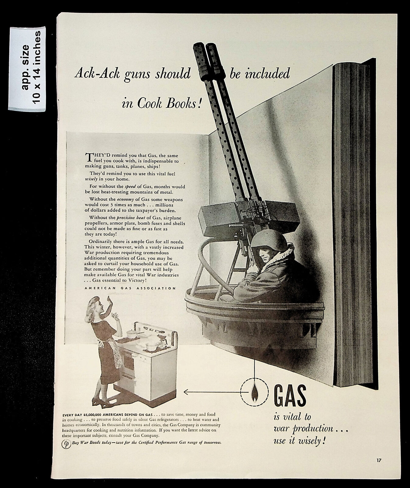 1942 Solider big guns & woman w/stove American Gas Assoc Vintage Print Ad 41004