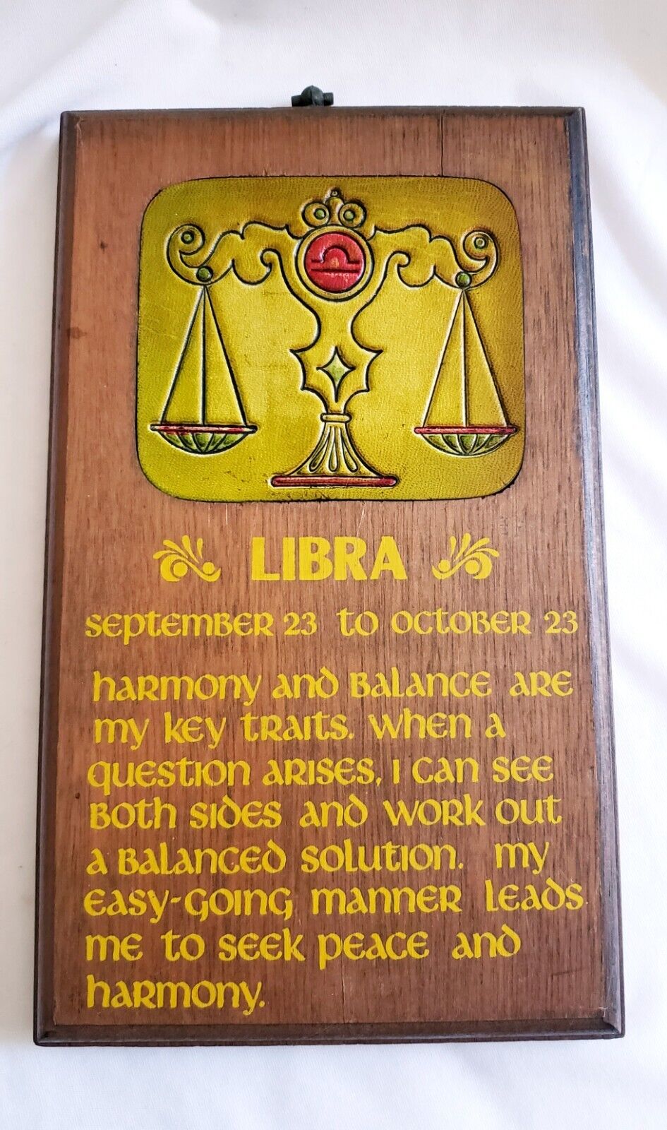 Vintage 1970\'s Wood Wall Art Zodiac Libra Retro Astrology Wood Leather Plaque