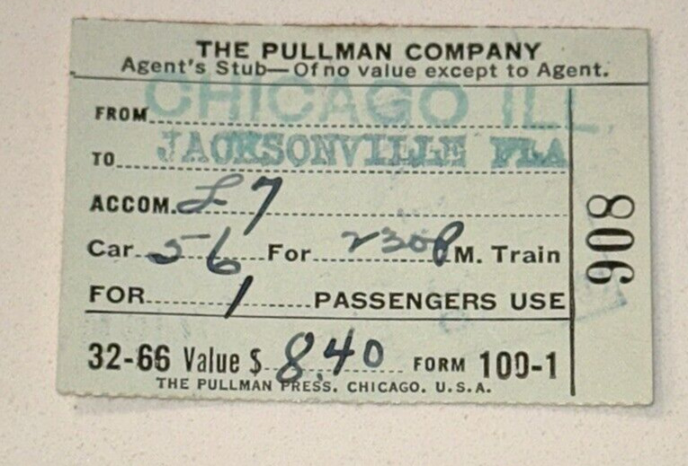 5/10/39 The Pullman Company CMStP&PRR Chicago IL Jacksonville Train Ticket Stub
