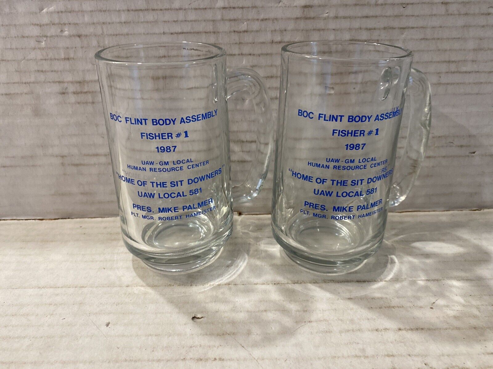 UAW Local 581 Fisher Body #1 Flint MI Set of 2 Handled Drinking Glasses 1987