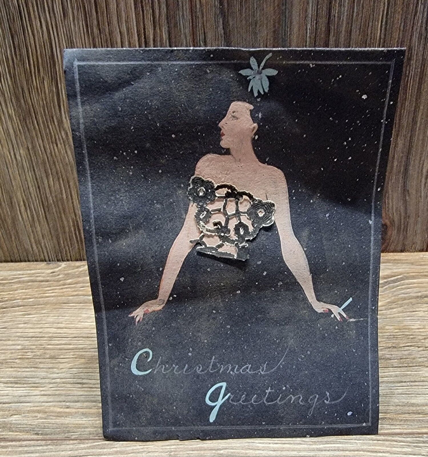 Vintage Risque Christmas Card Hand Painted Woman  W/Corset Christmas Greetings