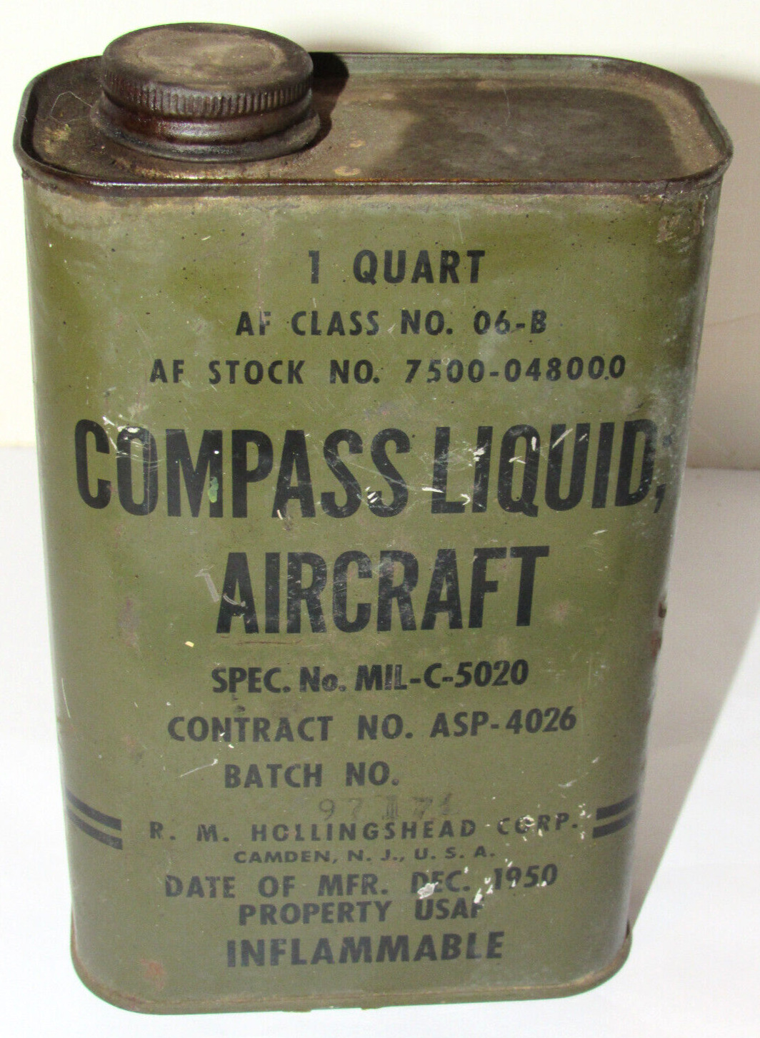 VINTAGE 1950 KOREAN WAR USAF EMPTY \'AIRCRAFT COMPASS LIQUID\' METAL CAN QUART