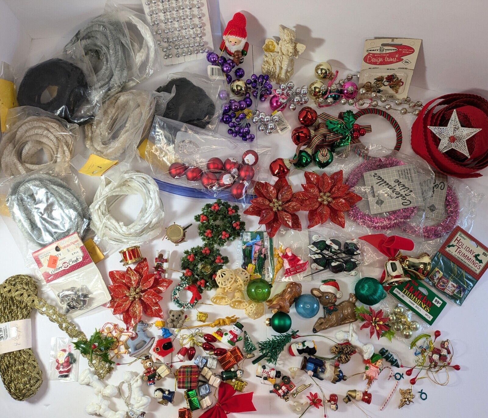 Big Lot Of Vintage Christmas Craft Assemblage Art Chenille Deer Velvet NOS 50\'s