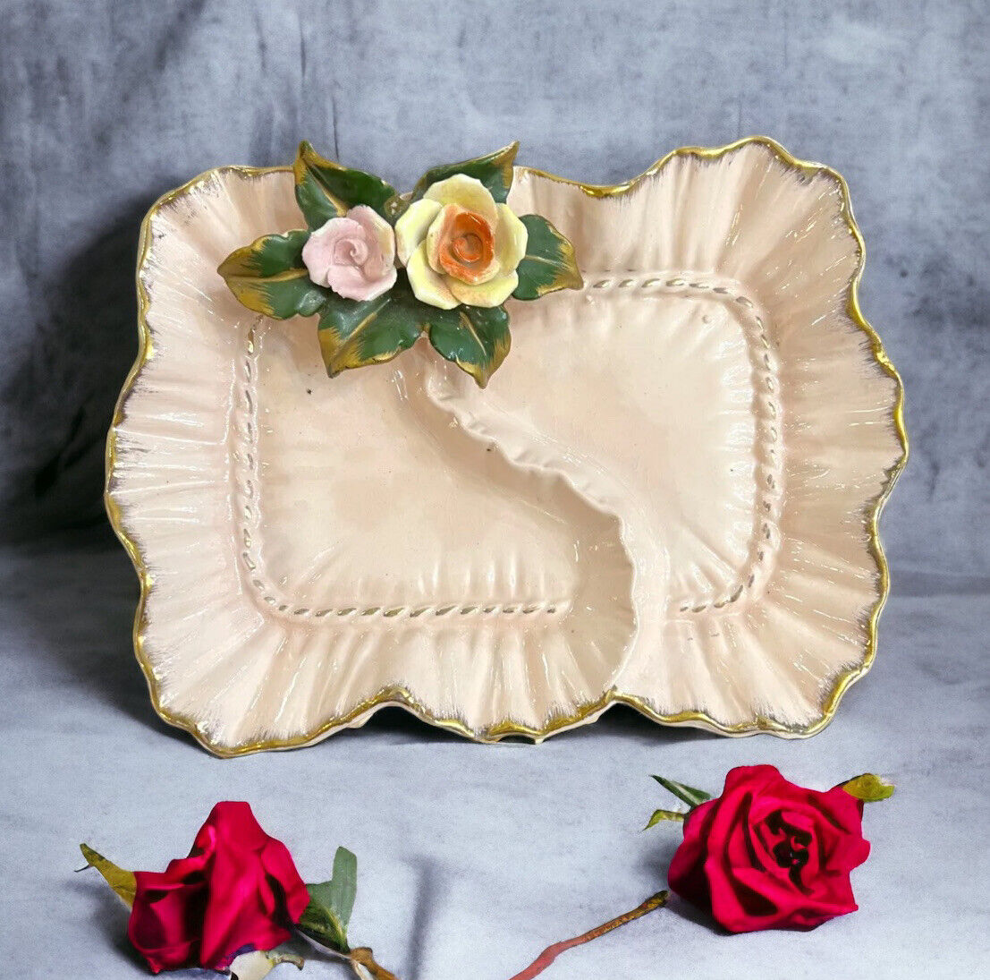 vintage capodimonte porcelain VANITY DIVIDED TRAY WITH GOLD TRAY