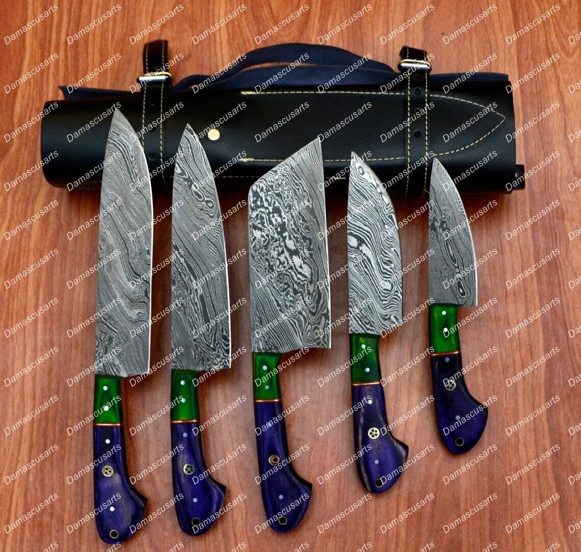 Custom Handmade Damascus Chef Set of 5pcs Kitchen Knife, Knife Set with Leather