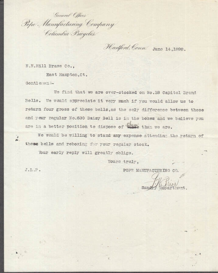 Pope Manufacturing Columbia Bicycles Hartford CT business letter 6/14 1898