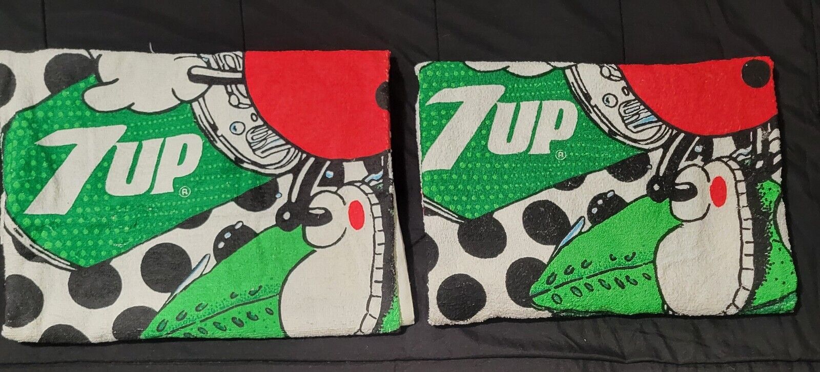 2-Vtg 80\'s 7-UP See Spot Surf Beach Towel Wall Hanging 60\