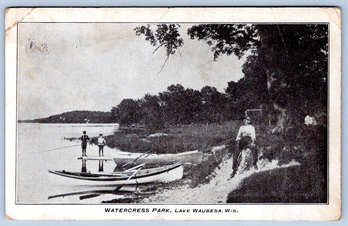 1907 LAKE WAUBESA WATERCRESS PARK WISCONSIN CANOES BOATS PEOPLE ANTIQUE POSTCARD