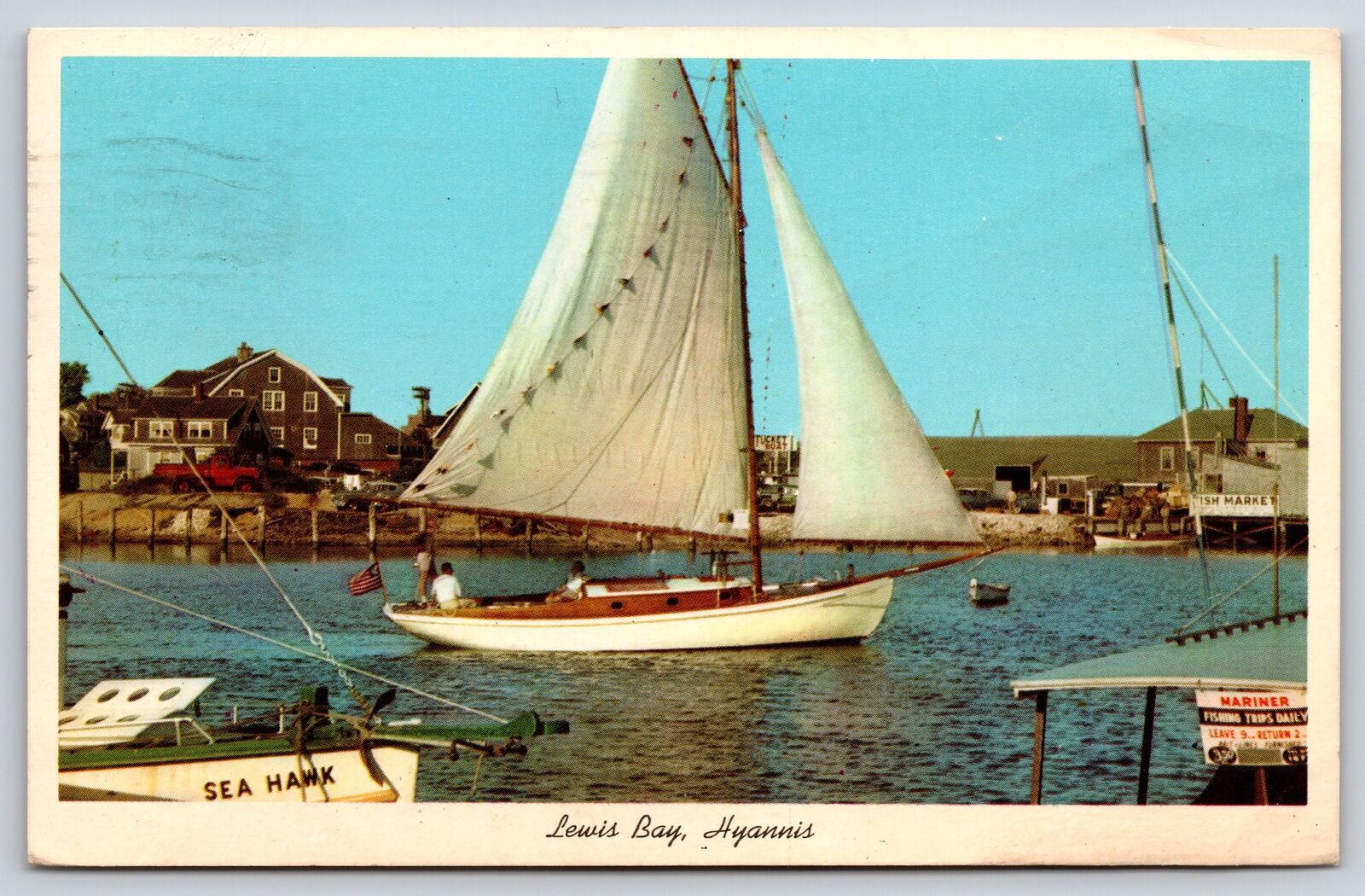 Hyannis MA~Cape Cod~Sails Set In Lewis Bay For Ocean Outing~Vintage Postcard