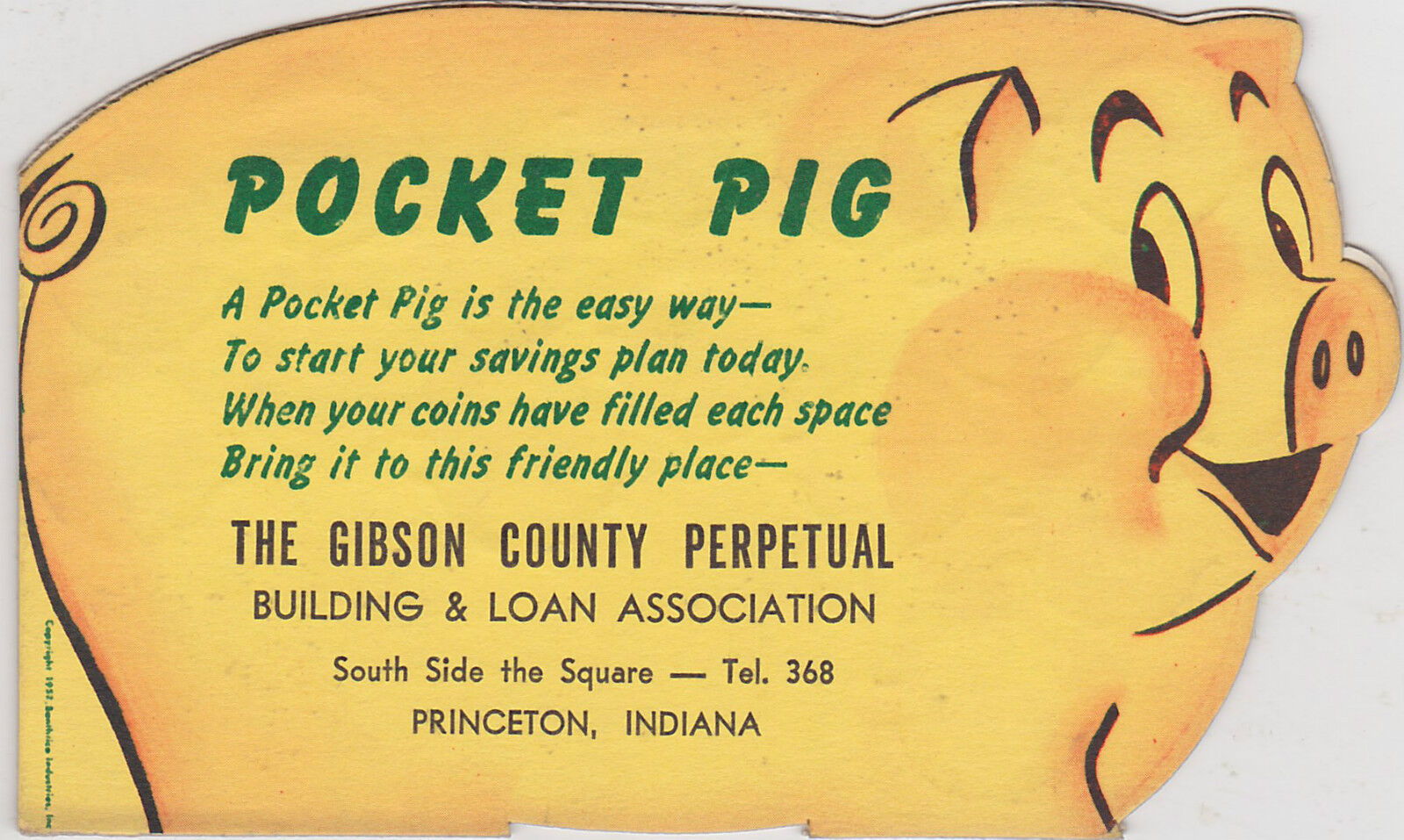 NOS 1950s BANTHRICO BANK Pocket Pig Coin Holdier -  GIBSON COUNTY PERPETUAL BANK