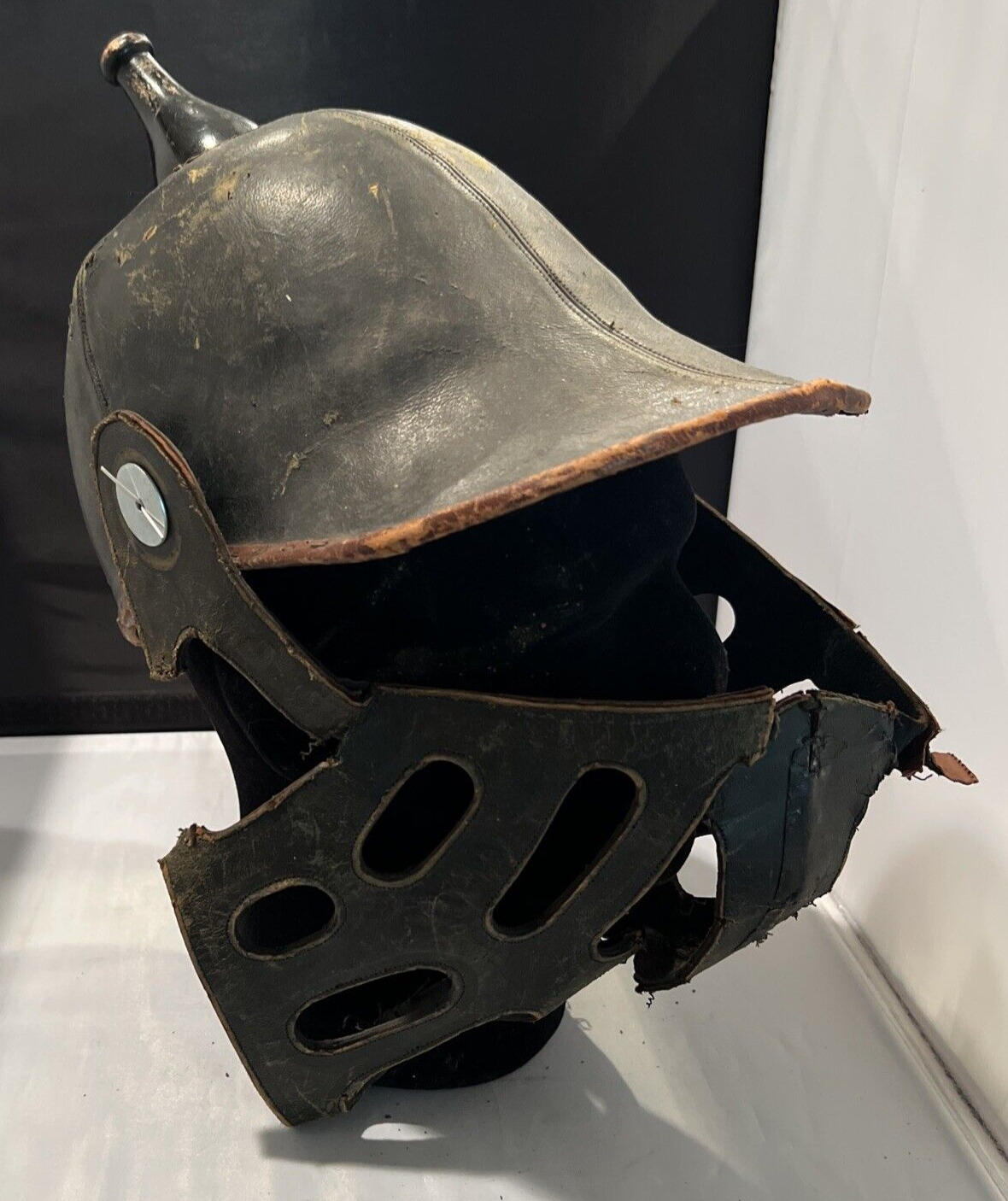 Antique Black Leather Helmet Hat IOOF International Order Odd Fellows? Damaged
