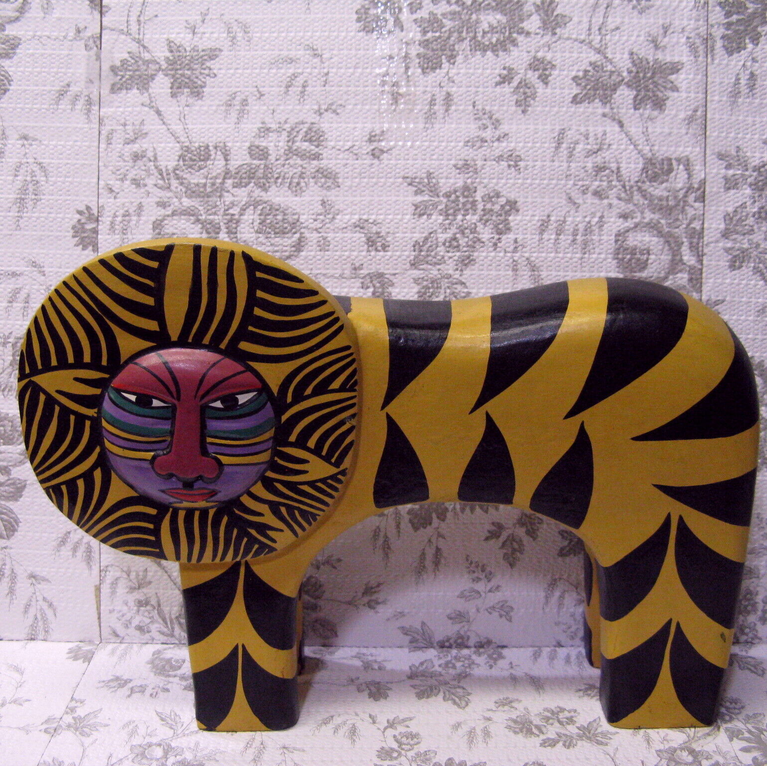 Laurel Burch Vtg Carved Wood Large Lion Cat Colorful Face Black Stripe 12\