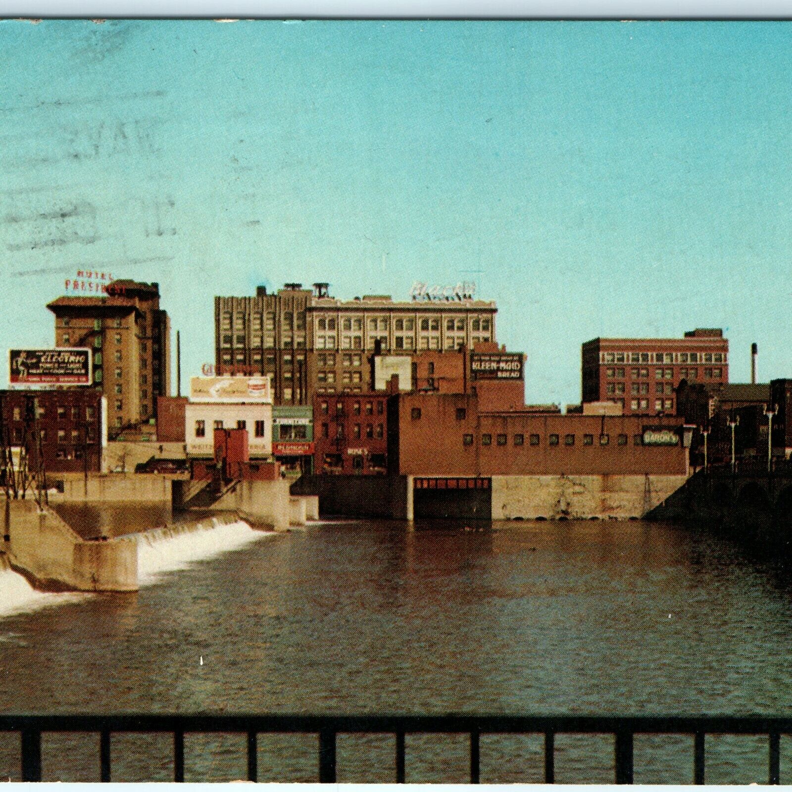 1970 Waterloo IA Dam Downtown Skyline Chrome Photo Postcard 4th St Paramount A46