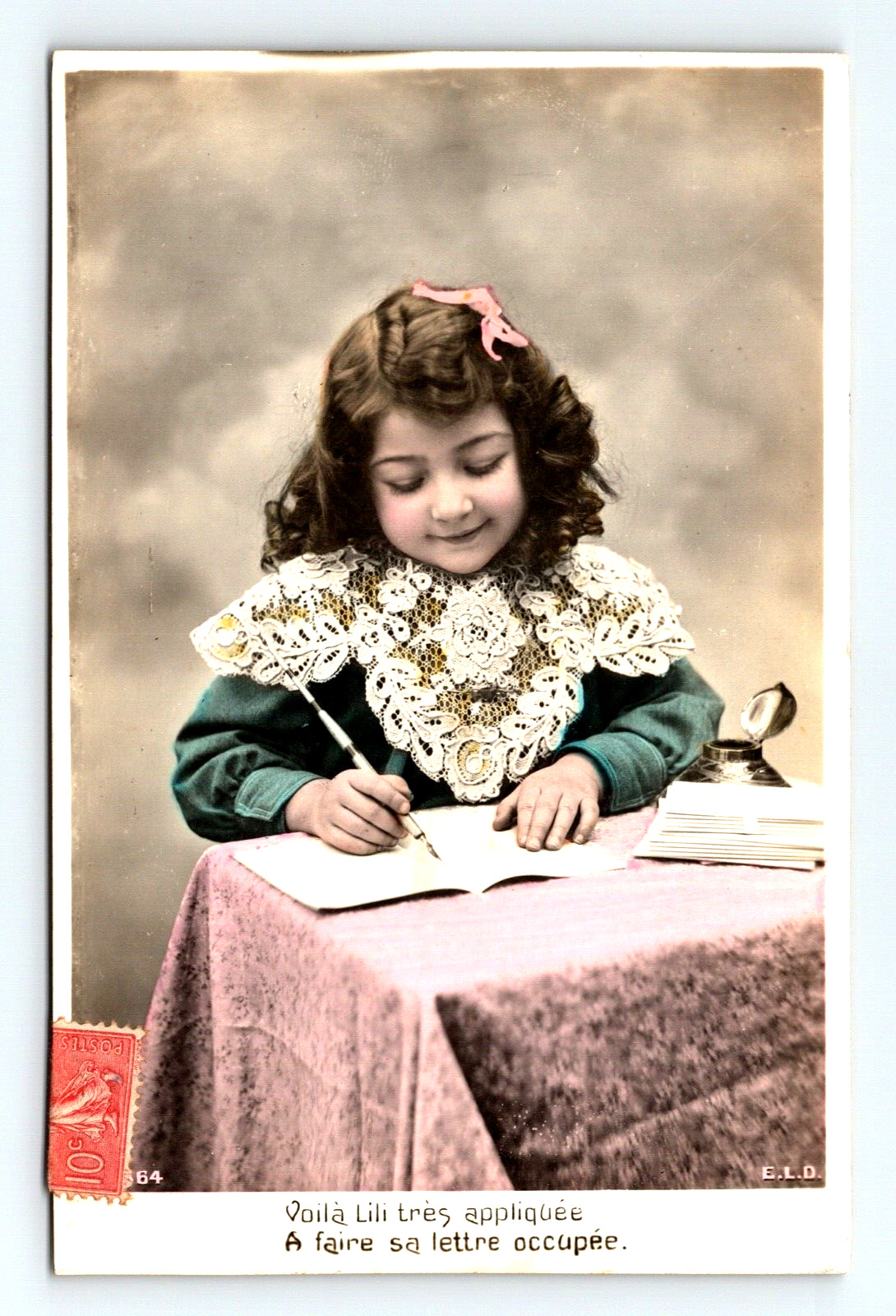 RPPC Hand Tint Little Girl White Lace Collar Curls Studio Posed PU 1907 (A363)