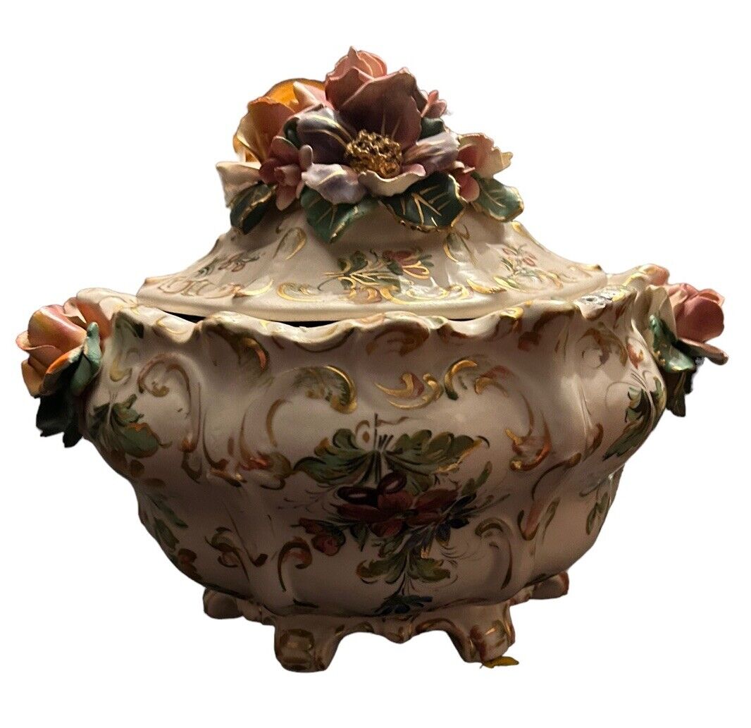 Antique Capodimonte Floral Piece W Lid Trinket, Jewelry, Or You Decide