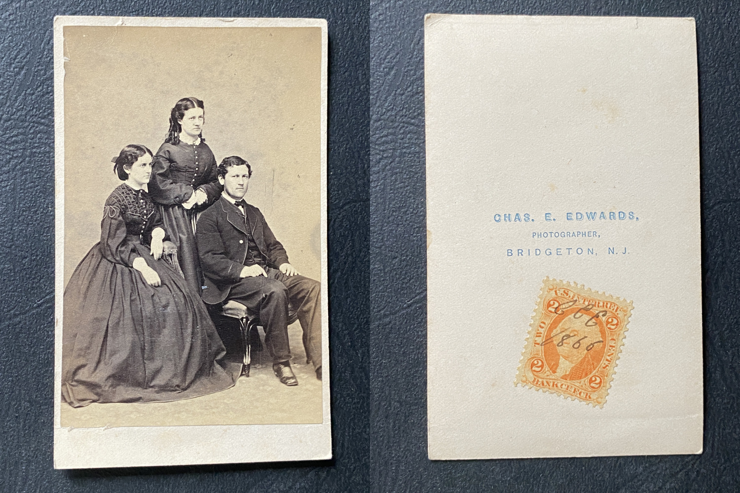 Edwards, Bridgeton N.J., Family Posing, One Man and Two Women, 1866 CDV Came