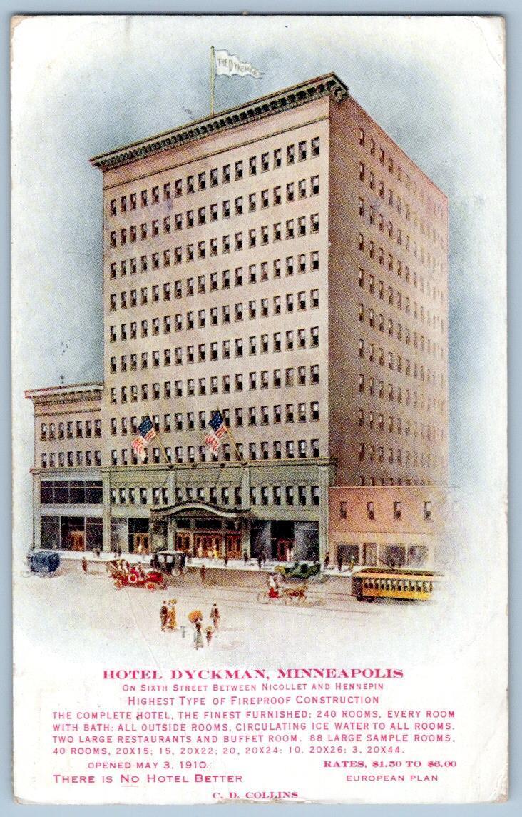 1912 HOTEL DYCKMAN MINNEAPOLIS MN FIREPROOF EUROPEAN PLAN POSTCARD (CREASED)