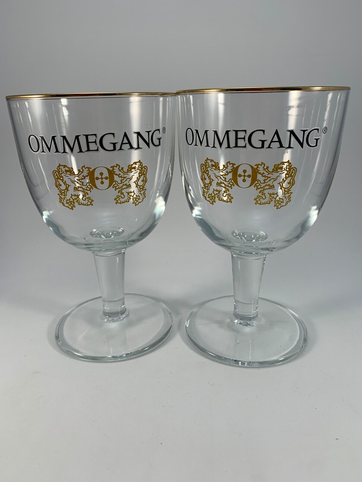 OMMEGANG Beer Glass Goblets - Lion Crest - Gold Trim - Set of 2