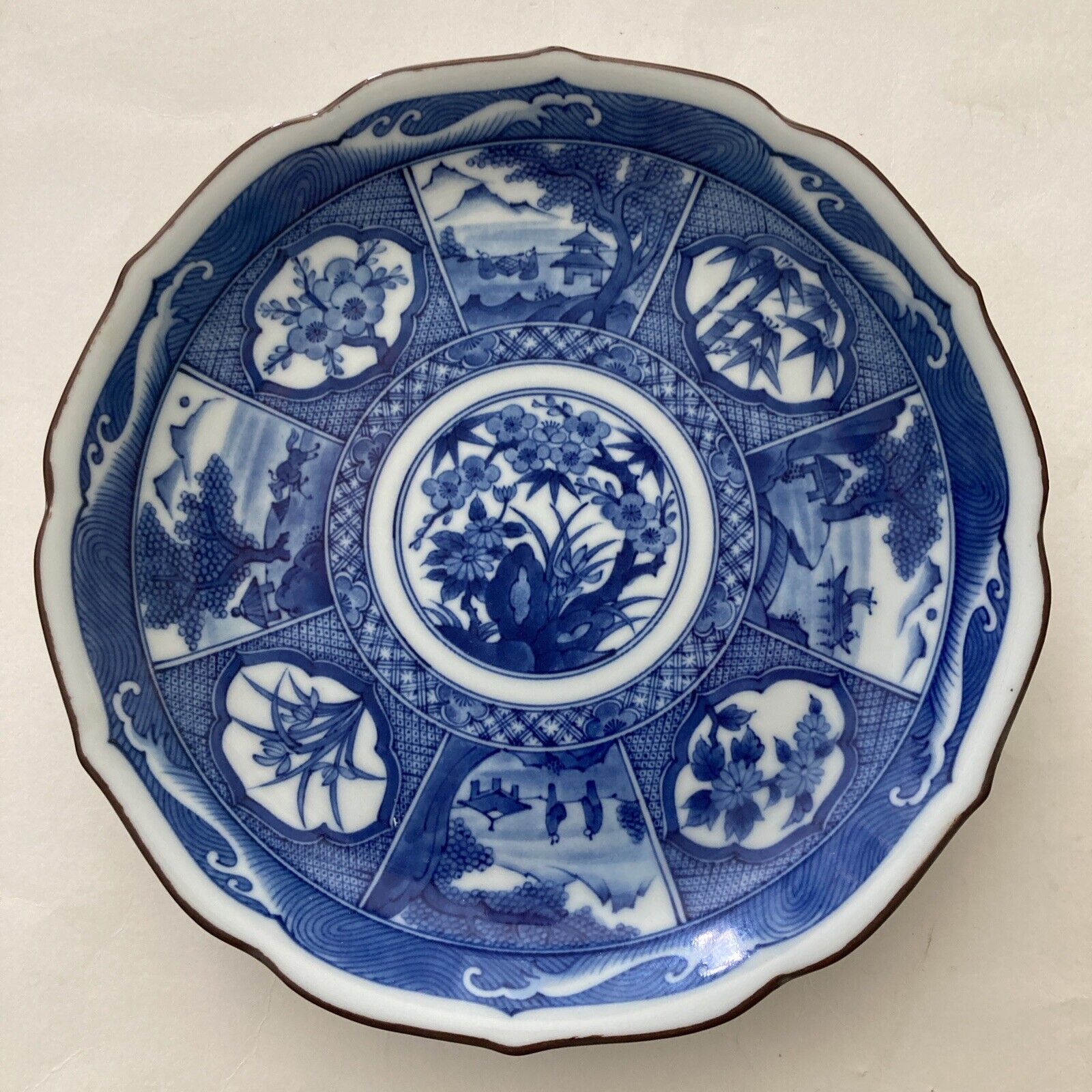 Arita Ware Blue White Plate Porcelain Bowl Landscapes 8 1/2\