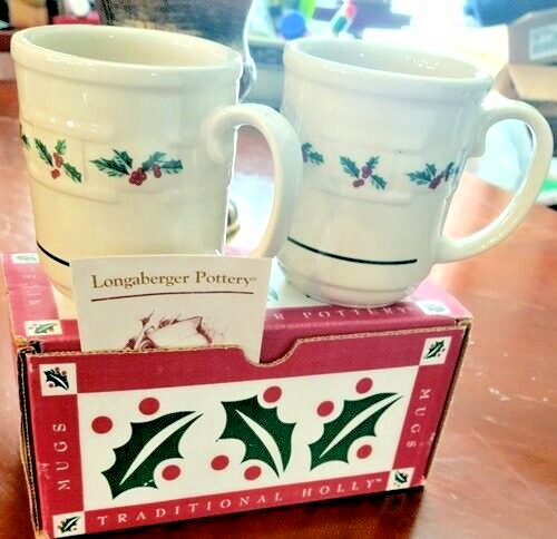 Longaberger Pottery Traditional Holly Mugs 11 oz Holiday Coffee #31402 BNIB