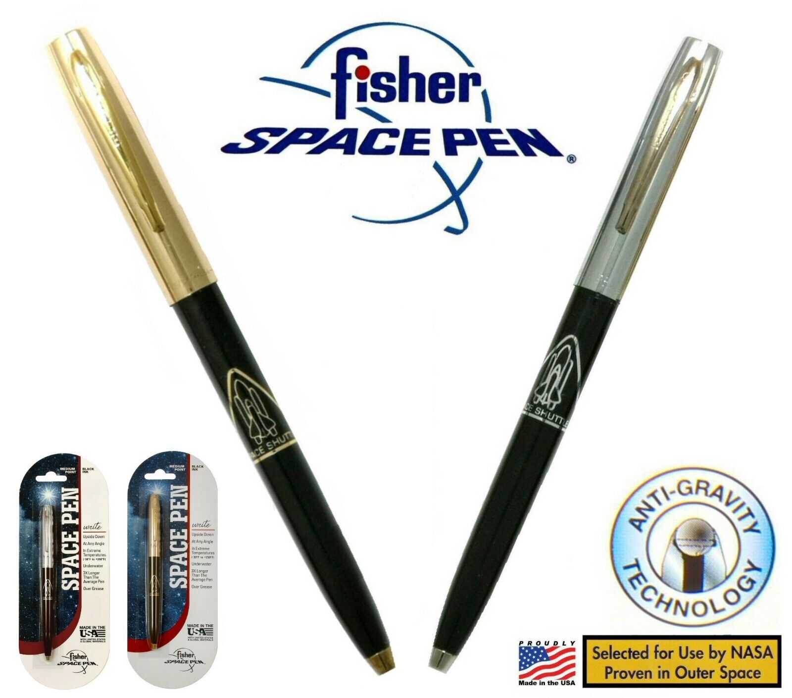 2 Fisher Space Pens / Black Pen Body with Shuttle /  #S294-Chrome & S294G-Gold 