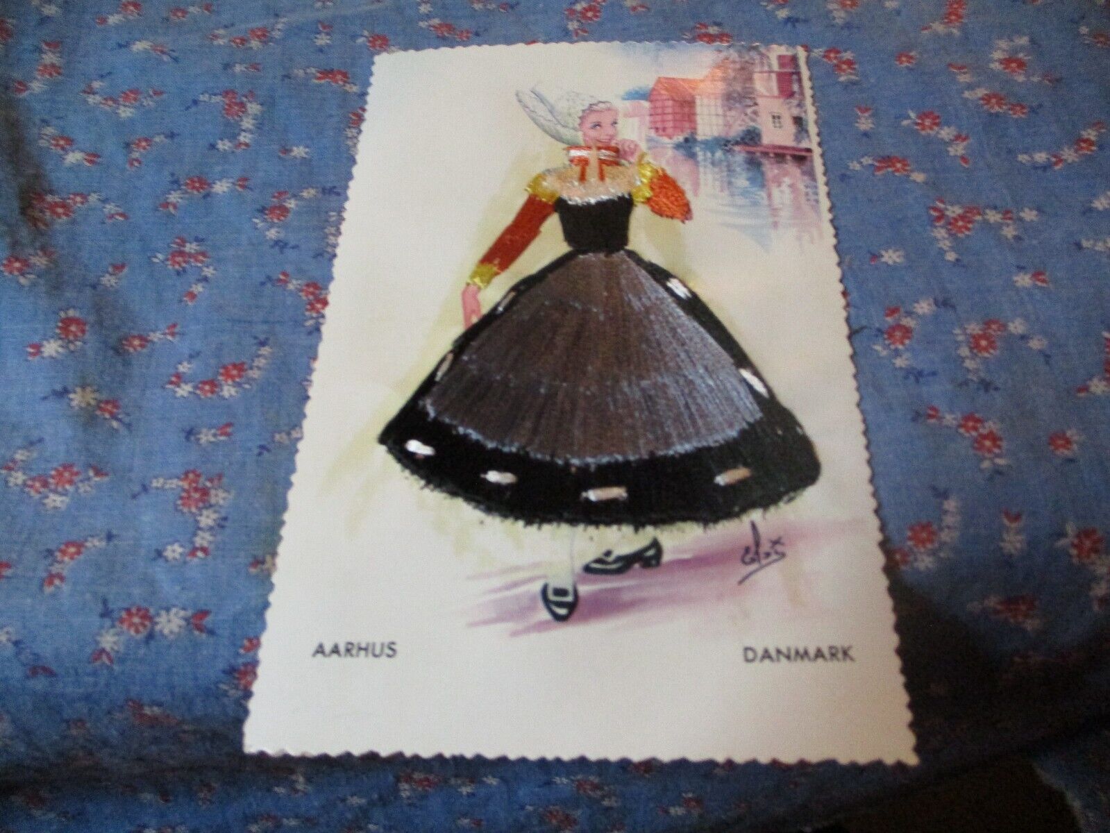 Old Postcard Embroidered Danmark Aarhus Beautiful Lady