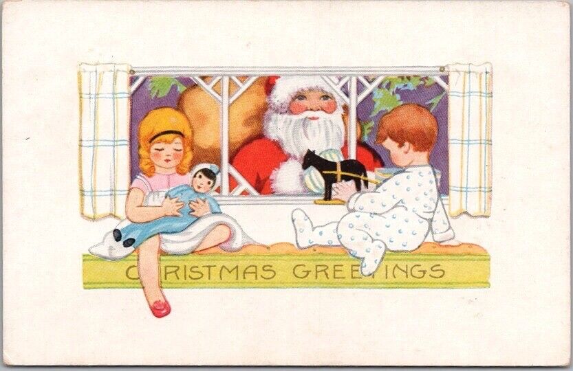 Vintage Whitney CHRISTMAS GREETINGS Postcard SANTA CLAUS Peeping / Window UNUSED