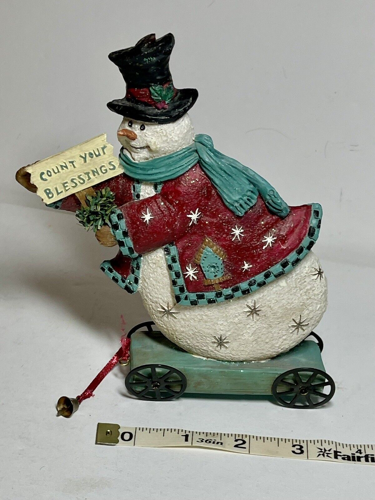 Snowman on Pull Cart working Wheels figurine ornament Christmas winter decor