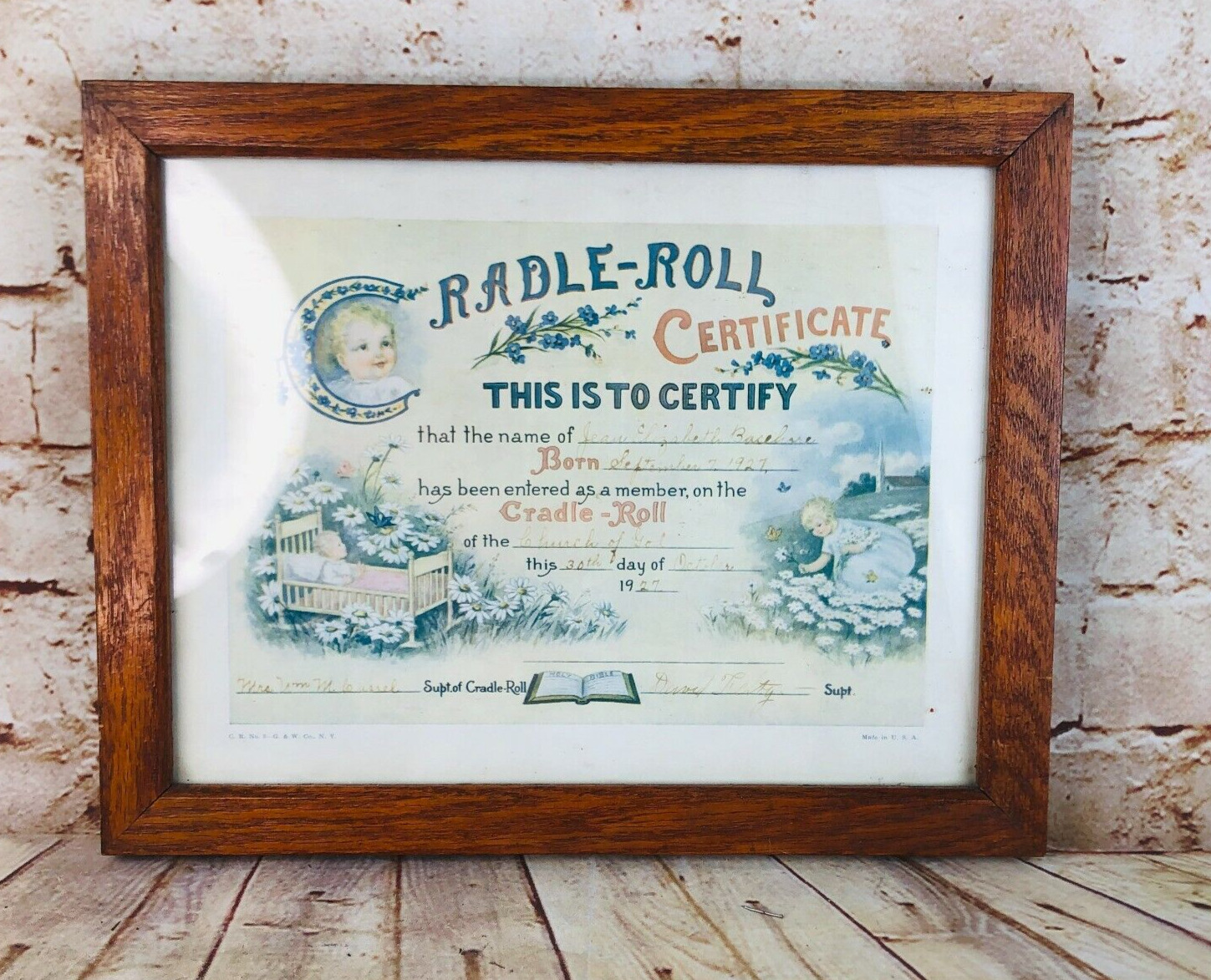 vtg 1927 cradle roll certificate framed under glass 13.5\