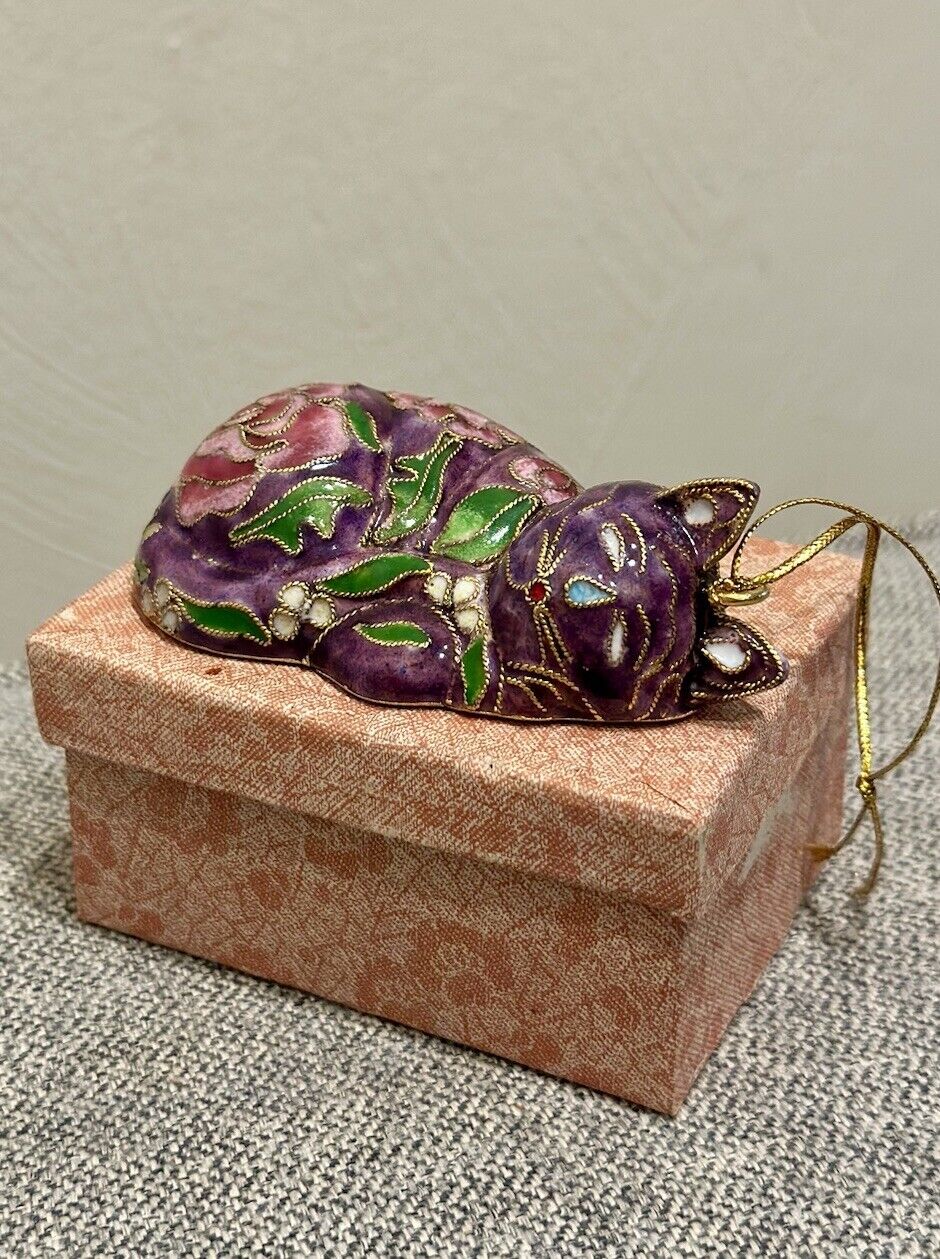 Cloisonné Enamel Sleeping Cat Purple Floral Figurine/Ornament