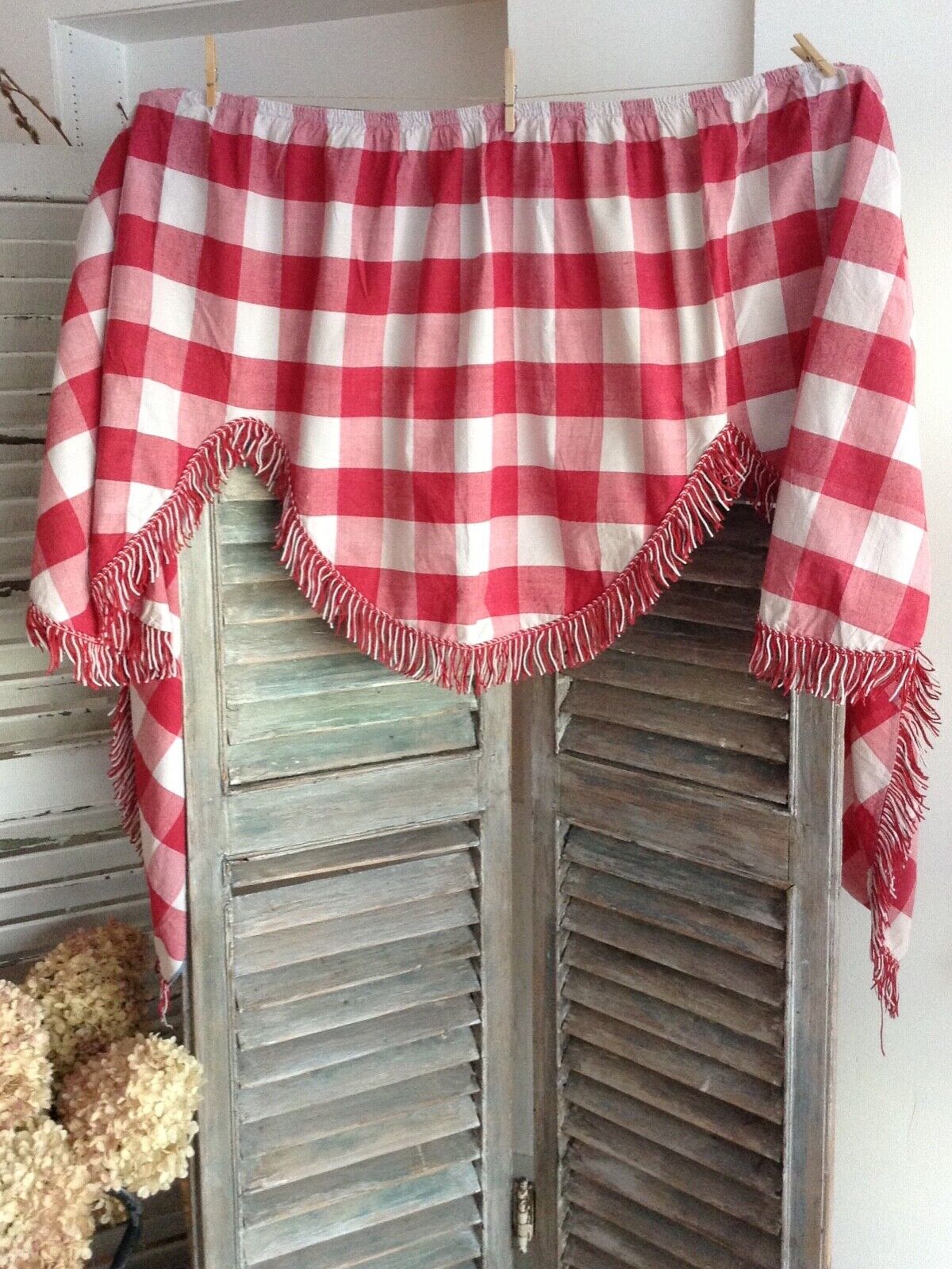 Antique French Vichy Red Check Valance Scallop Edge Cotton Fringe Early 19th C.