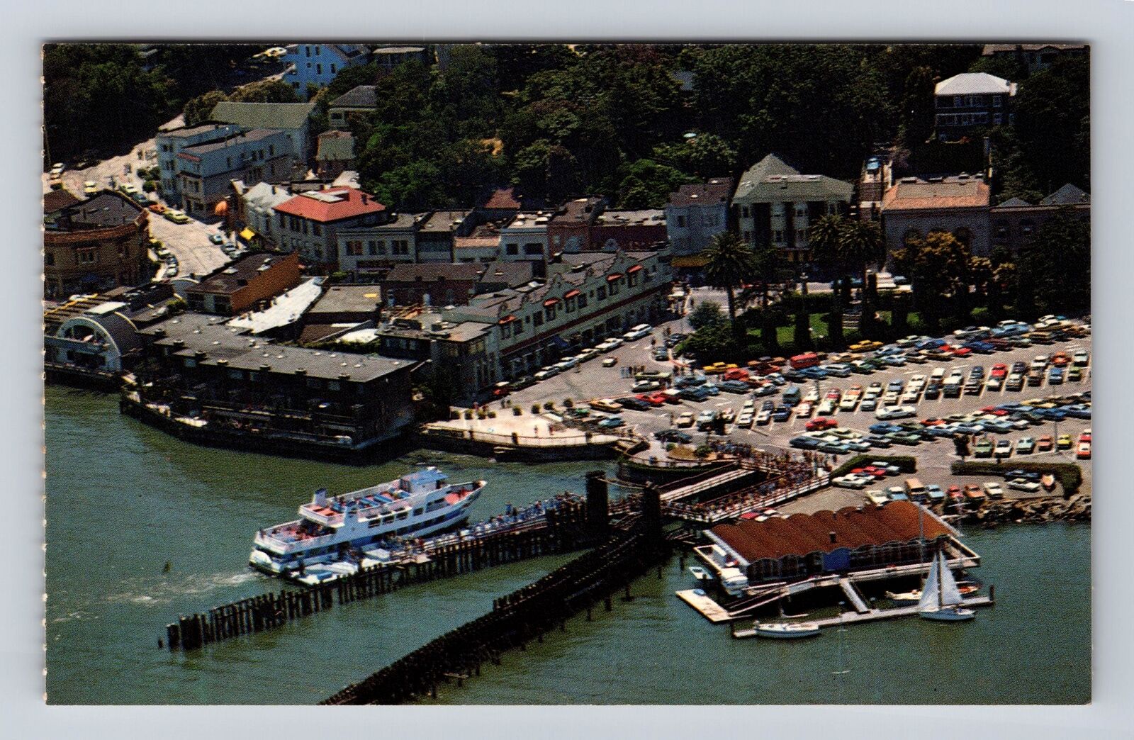 Sausalito CA-California, Aerial of Town, Ferry Boat, Antique Vintage Postcard